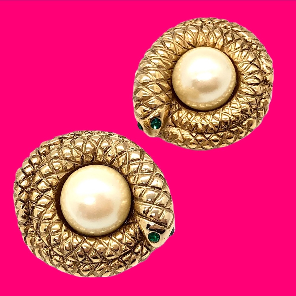Rare Vintage Erwin Pearl Coiled Snake Earrings 🐍 - Picture 1 of 8